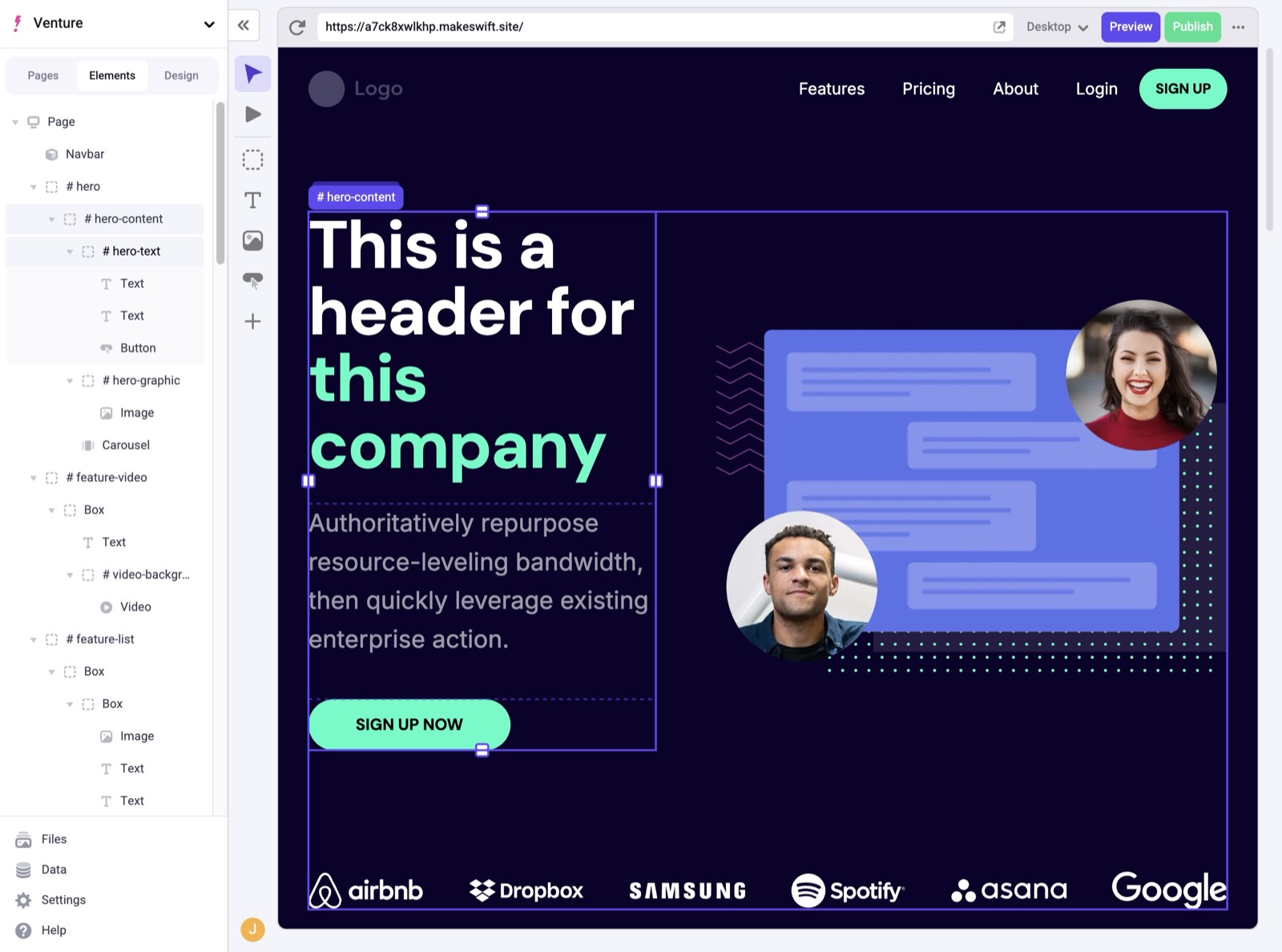Visual builder showing the elements
panel
