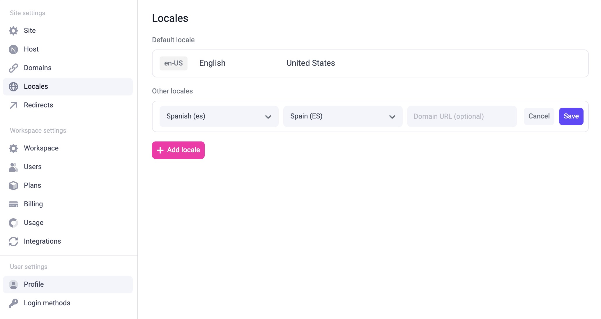 Localization settings showing a secondary locale